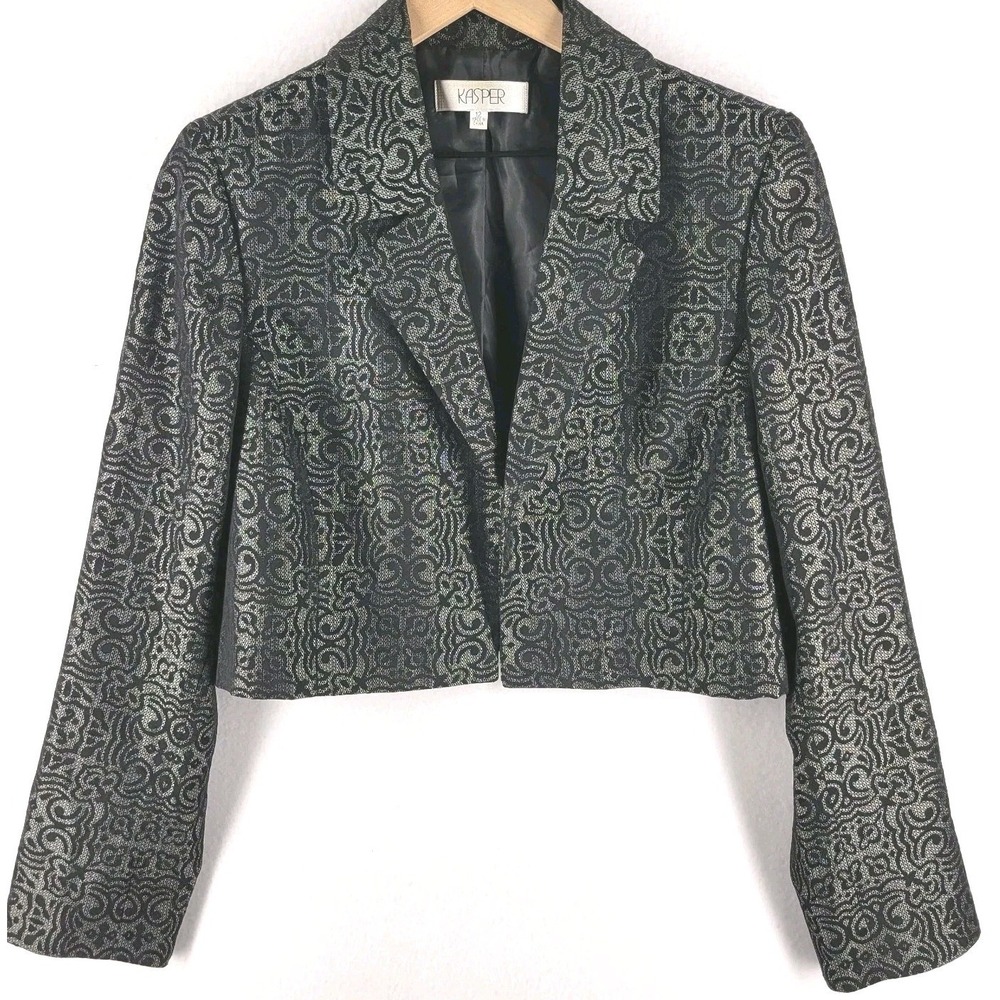 Vintage Kasper Metallic Jacquard Cropped Blazer Jacket 12 Silver Black 90s Retro
